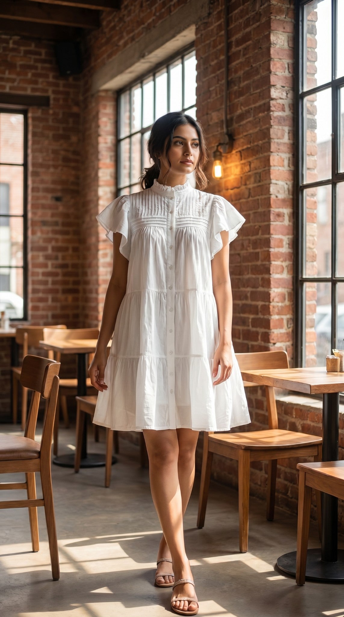Women's White Pintuck Tiered Mini Dress with Flutter Sleeves