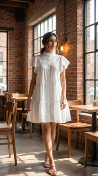 Thumbnail for Women's White Pintuck Tiered Mini Dress with Flutter Sleeves