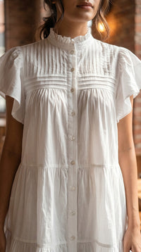 Thumbnail for Women's White Pintuck Tiered Mini Dress with Flutter Sleeves