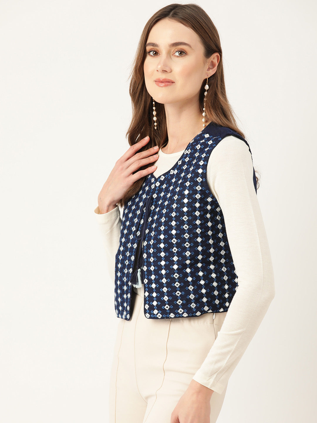 Geometric Pure Cotton Crop Tailored Jacket with Embroidered Detail