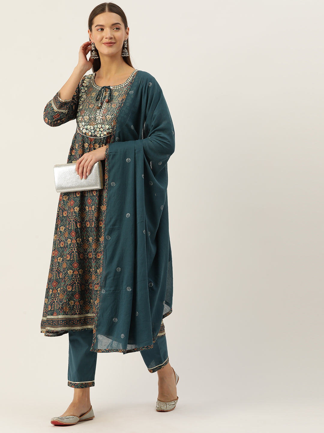 Ethnic Motifs Printed Pleated Sequinned Kurta with Trousers & Dupatta