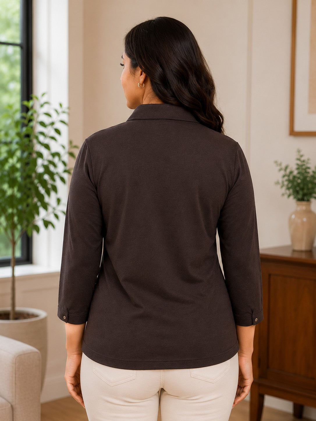 Women’s Solid V-Neck Knit Top with Elbow Sleeves