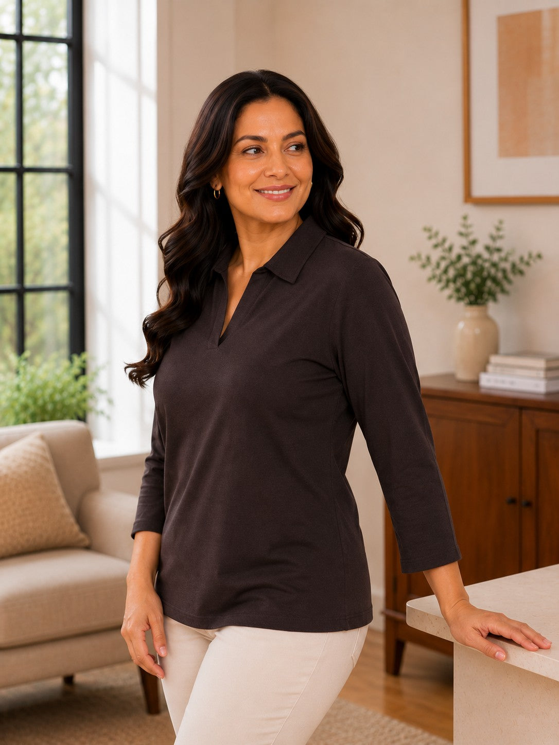 Women’s Solid V-Neck Knit Top with Elbow Sleeves