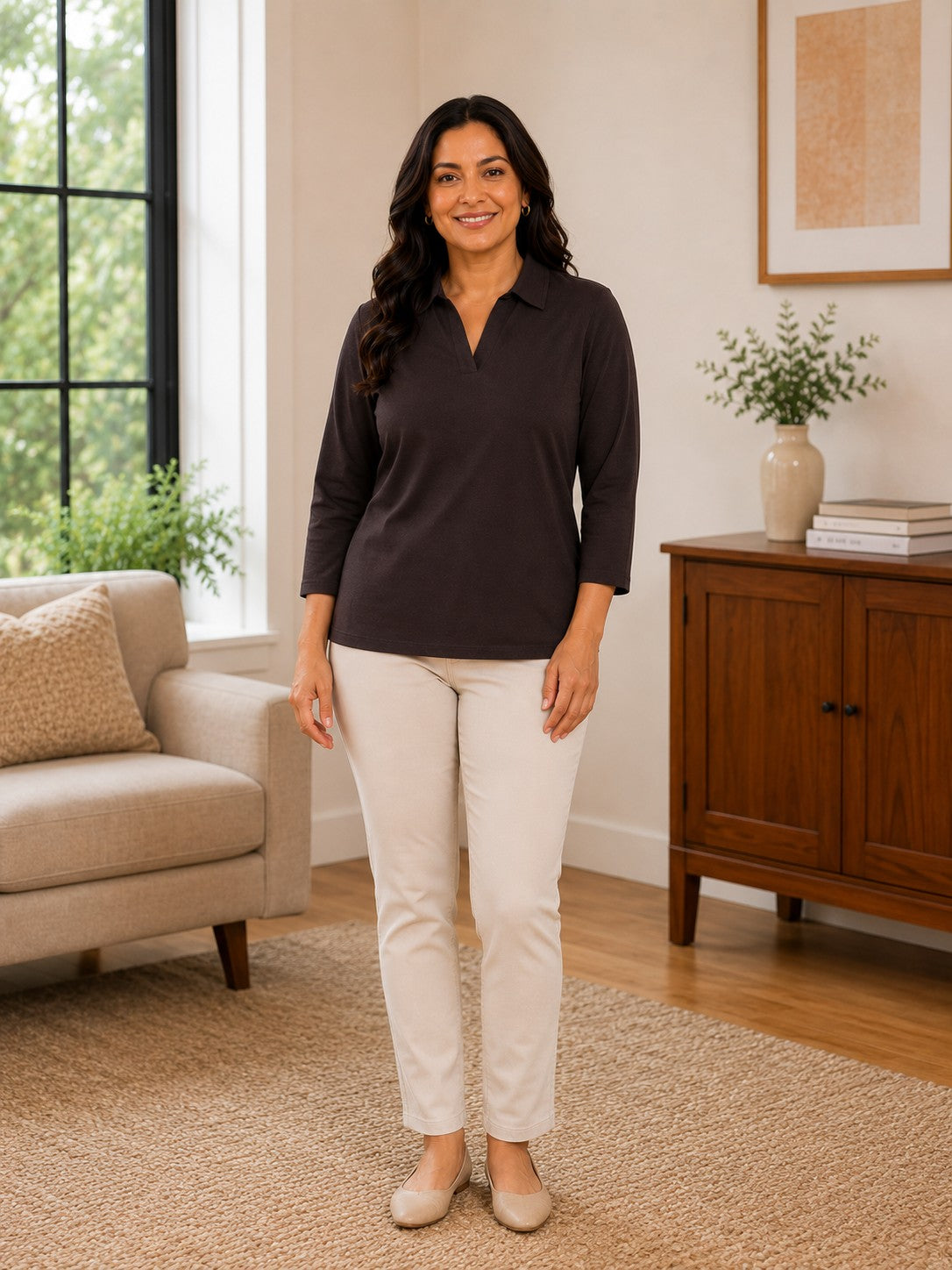 Women’s Solid V-Neck Knit Top with Elbow Sleeves