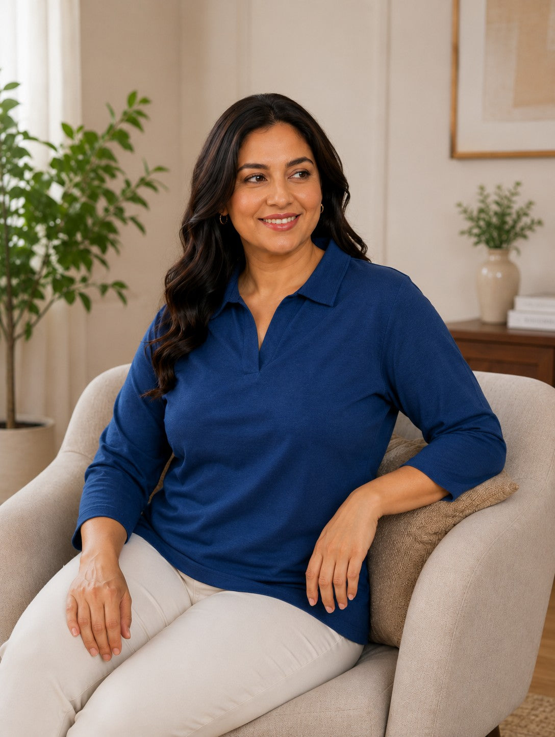 Women’s Solid V-Neck Knit Top with Elbow Sleeves