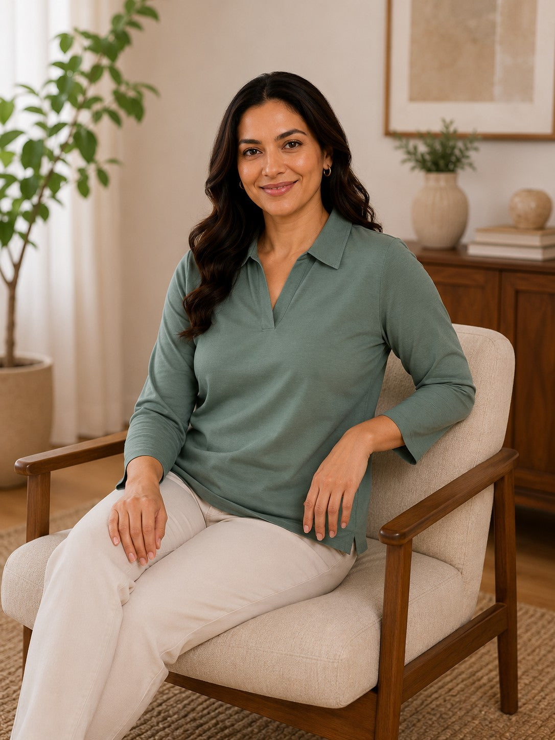 Women’s Solid V-Neck Knit Top with Elbow Sleeves