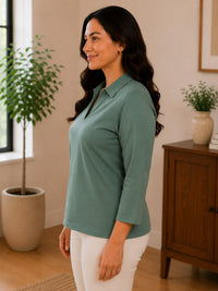 Thumbnail for Women’s Solid V-Neck Knit Top with Elbow Sleeves
