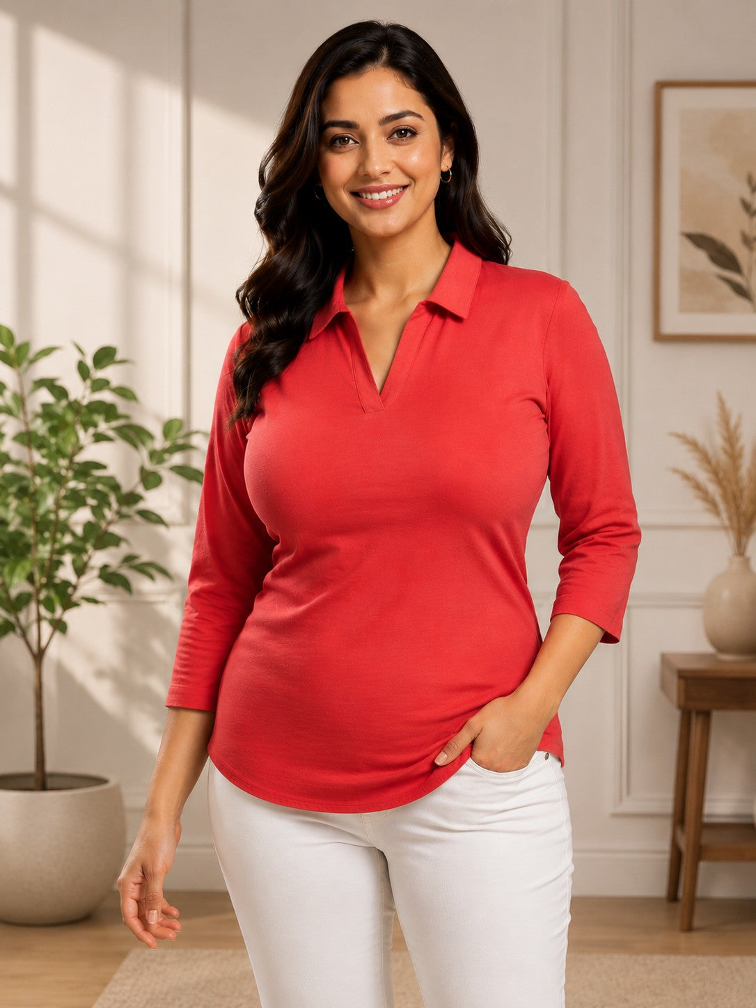 Women’s Solid V-Neck Knit Top with Elbow Sleeves