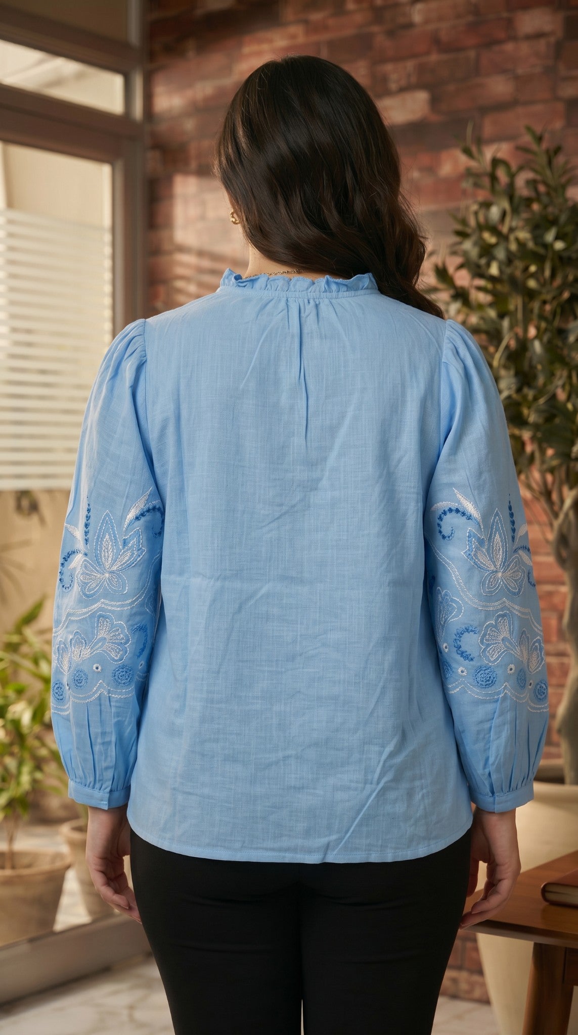 Women Sky Blue Embroidered Mandarin Collar Tassel Tie-Up Cotton Top