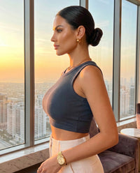 Thumbnail for Women's Navy Blue Textured Crop Top with Round Neck and  Sleeveless