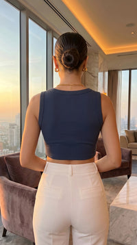 Thumbnail for Women's Navy Blue Textured Crop Top with Round Neck and  Sleeveless