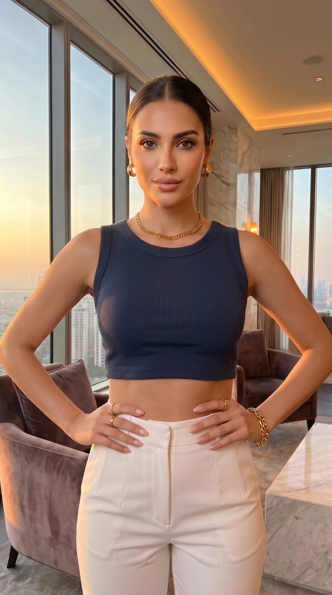Women's Navy Blue Textured Crop Top with Round Neck and  Sleeveless
