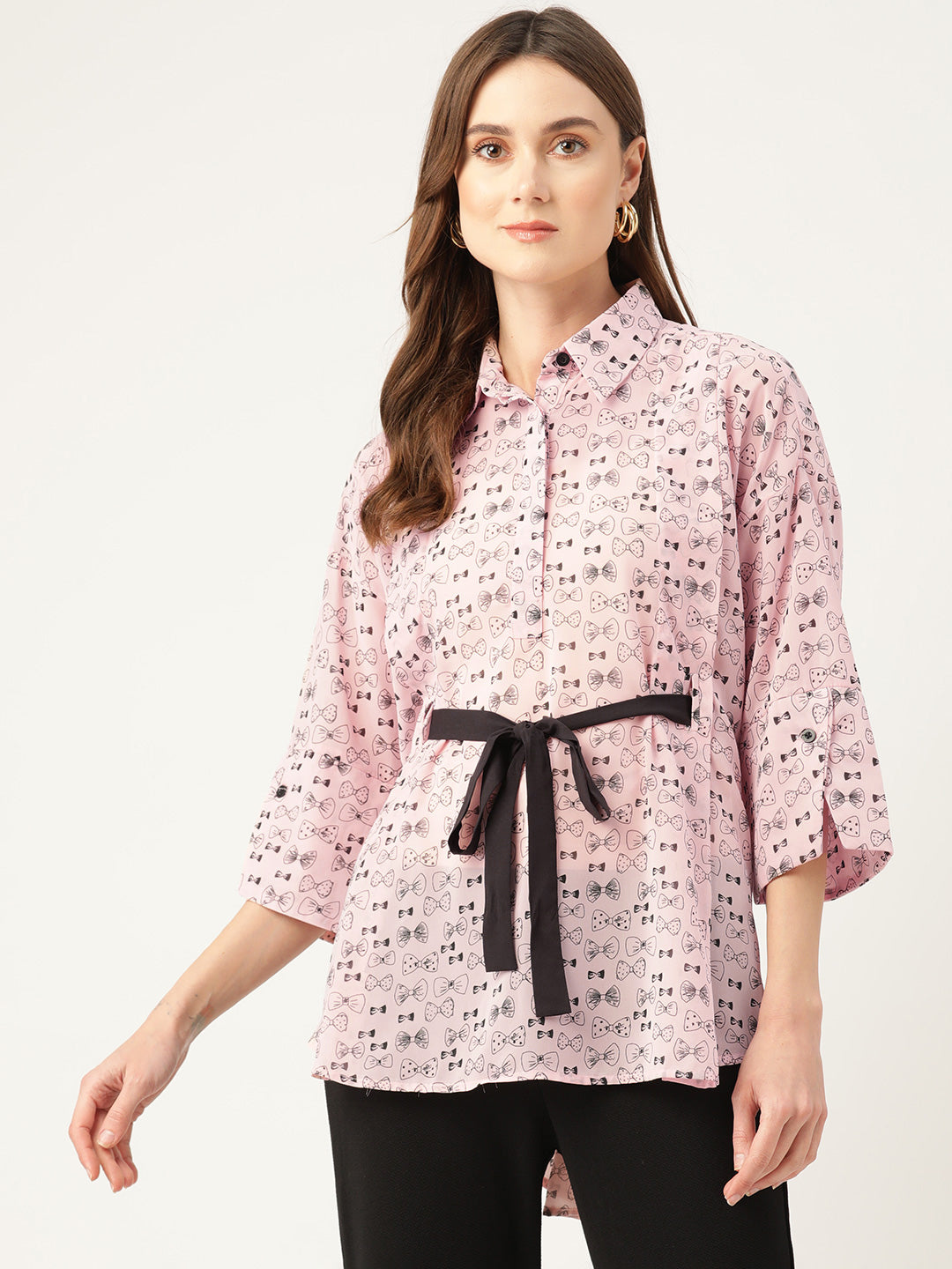 Print Georgette Shirt Style Longline Top with Waist Tie-Ups