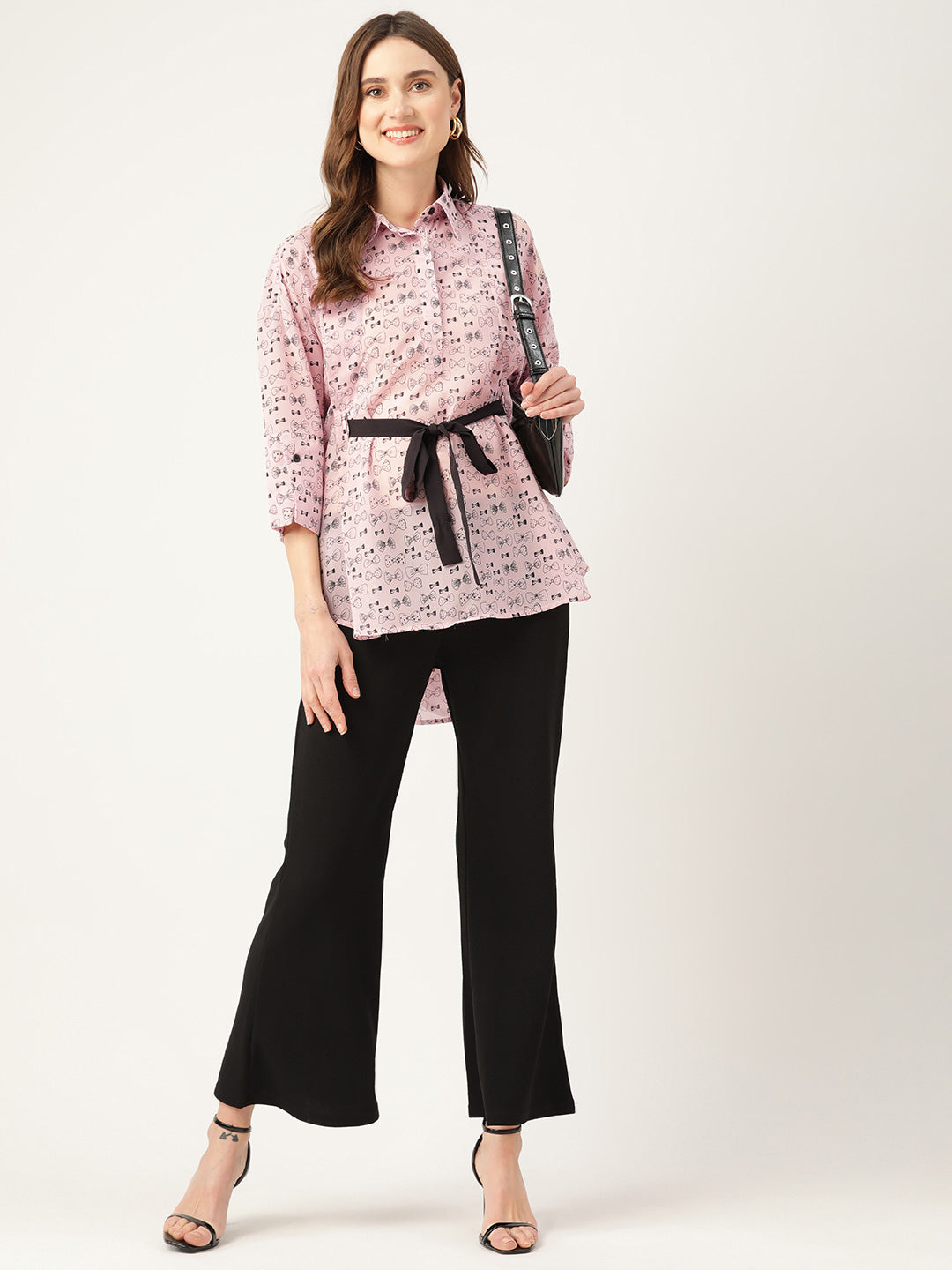 Print Georgette Shirt Style Longline Top with Waist Tie-Ups