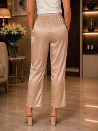 Thumbnail for Women's Champagne Satin Wide Leg Pants with Elastic Waist, Silky Casual Lounge Trousers with Pockets