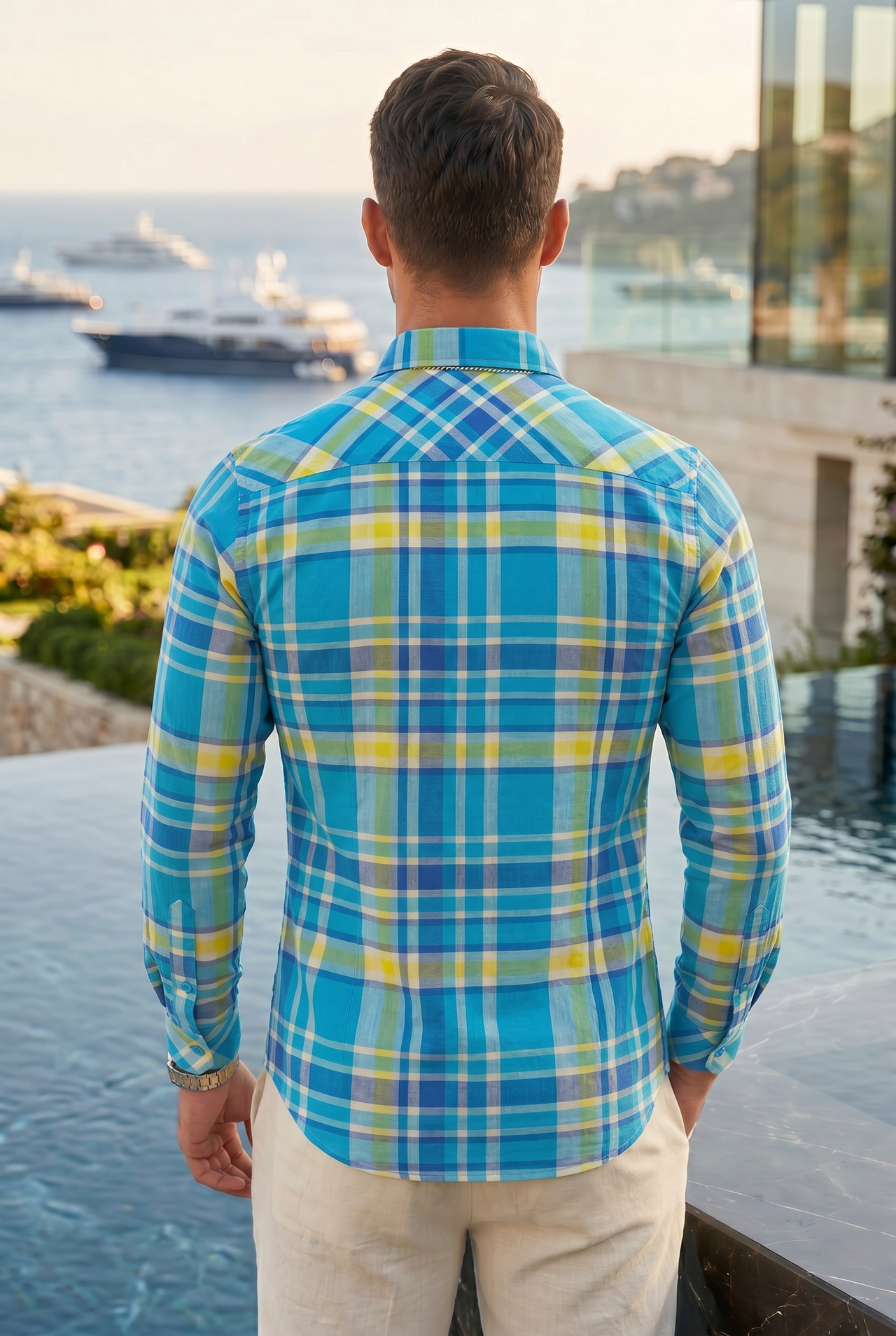 Bright blue checked casual shirt with a modern slim fit. Perfect for effortless style, comfort, and everyday wear.