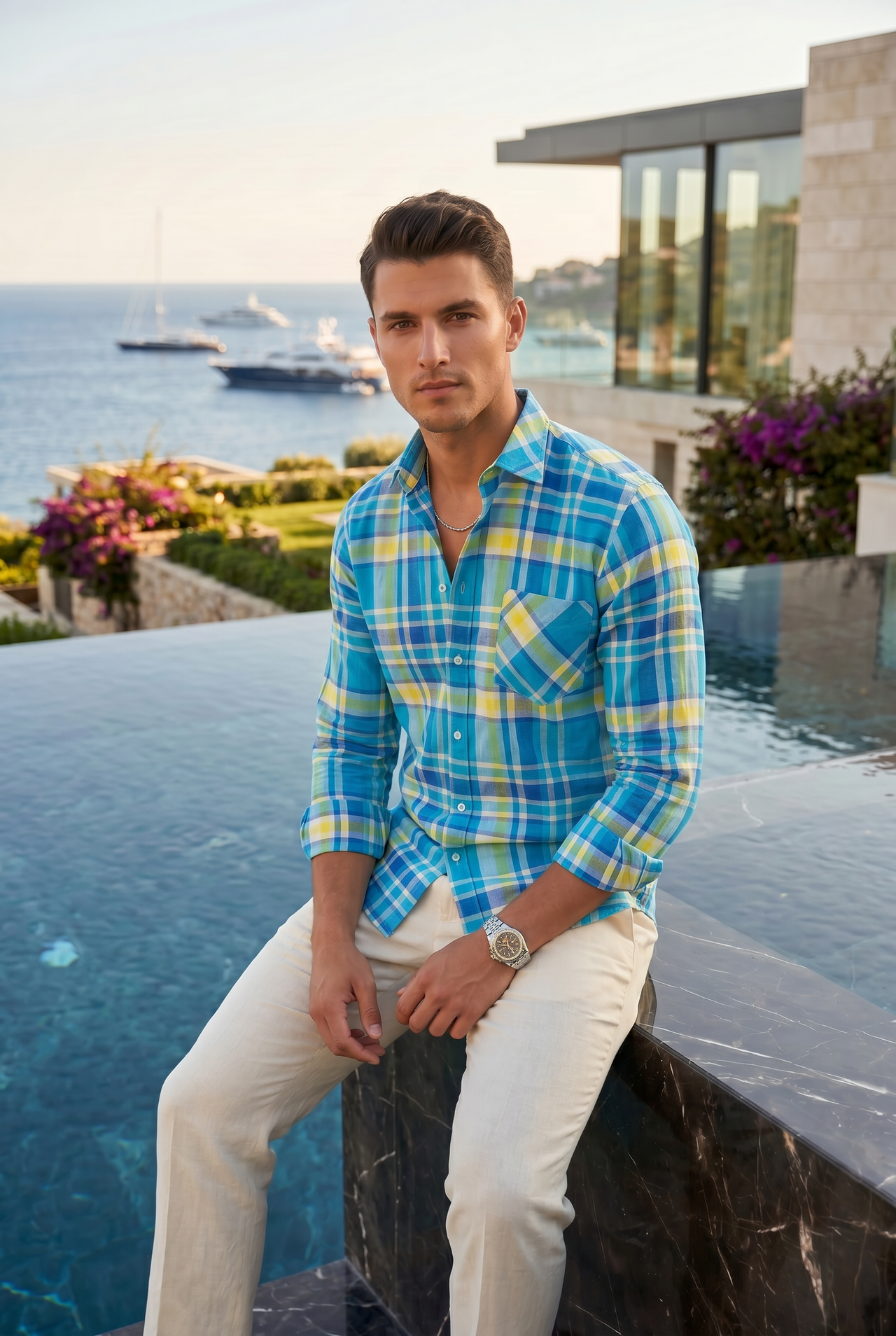 Bright blue checked casual shirt with a modern slim fit. Perfect for effortless style, comfort, and everyday wear.