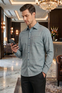 Thumbnail for Men's Grey Checked Slim Fit Full Sleeve Casual Shirt | Soft Breathable Fabric | Smart Everyday Wear