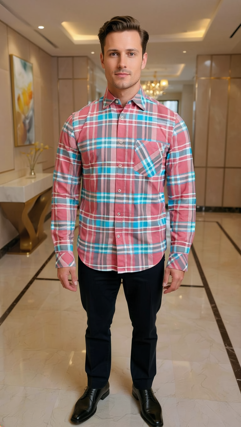 Men's Premium Pink & Blue Plaid Button-Down Casual Shirt | Soft Cotton Long Sleeve Regular Fit