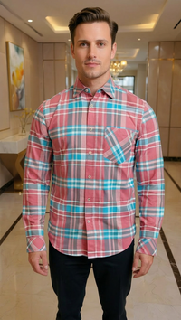 Thumbnail for Men's Premium Pink & Blue Plaid Button-Down Casual Shirt | Soft Cotton Long Sleeve Regular Fit
