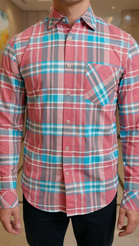 Thumbnail for Men's Premium Pink & Blue Plaid Button-Down Casual Shirt | Soft Cotton Long Sleeve Regular Fit