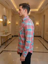 Thumbnail for Men's Premium Pink & Blue Plaid Button-Down Casual Shirt | Soft Cotton Long Sleeve Regular Fit