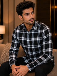 Thumbnail for Men's Black & White Checked Casual Shirt | Full Sleeve Button-Down Collar | Soft Comfortable Regular Fit Shirt