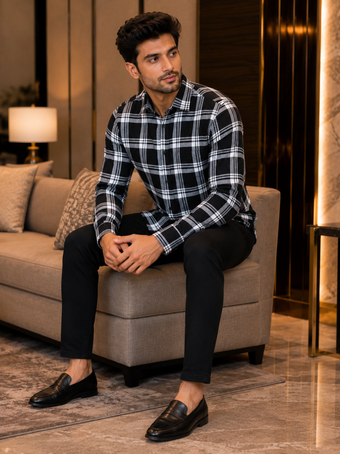Men's Black & White Checked Casual Shirt | Full Sleeve Button-Down Collar | Soft Comfortable Regular Fit Shirt