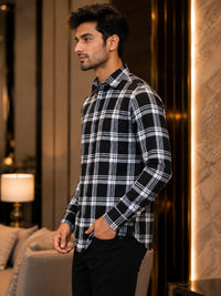 Thumbnail for Men's Black & White Checked Casual Shirt | Full Sleeve Button-Down Collar | Soft Comfortable Regular Fit Shirt