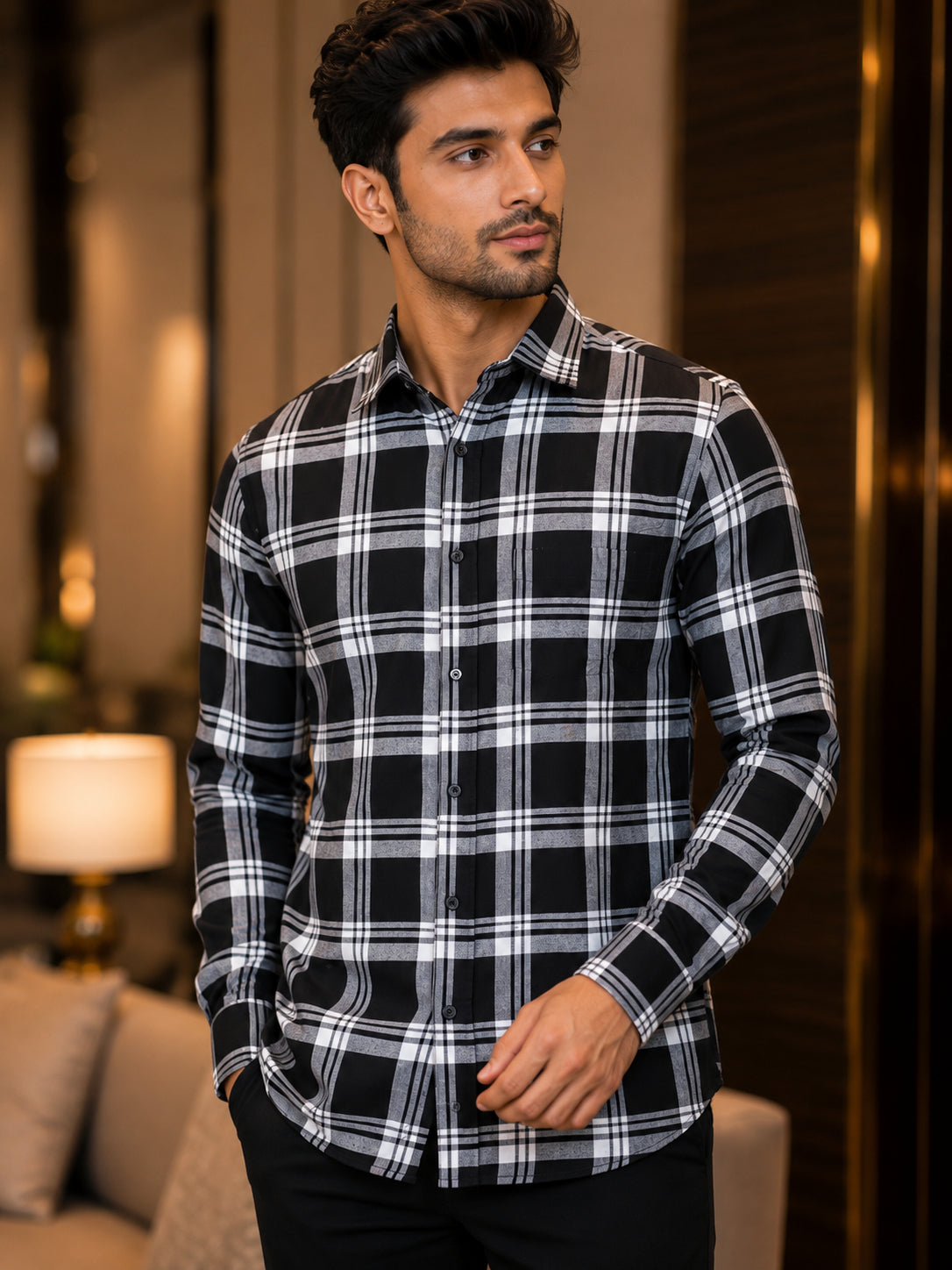 Men's Black & White Checked Casual Shirt | Full Sleeve Button-Down Collar | Soft Comfortable Regular Fit Shirt