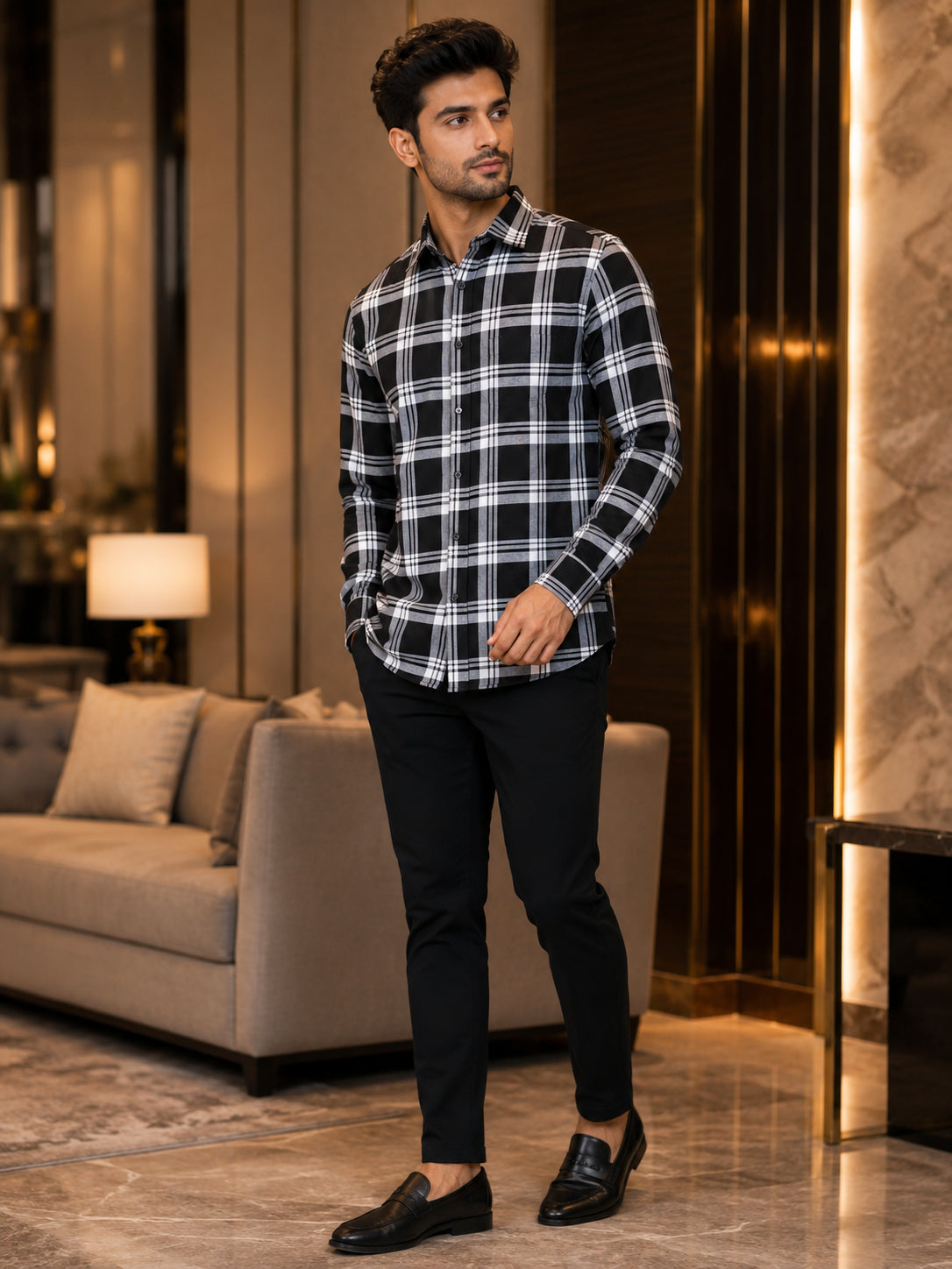 Men's Black & White Checked Casual Shirt | Full Sleeve Button-Down Collar | Soft Comfortable Regular Fit Shirt