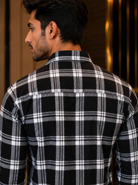 Thumbnail for Men's Black & White Checked Casual Shirt | Full Sleeve Button-Down Collar | Soft Comfortable Regular Fit Shirt