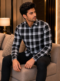 Thumbnail for Men's Black & White Checked Casual Shirt | Full Sleeve Button-Down Collar | Soft Comfortable Regular Fit Shirt