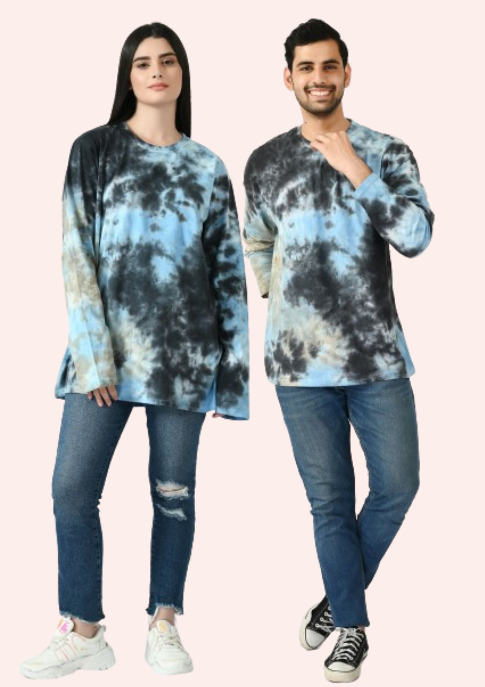 Pack of 2 Couple Tie & Dye Round Neck Pure Cotton Blue T-Shirt
