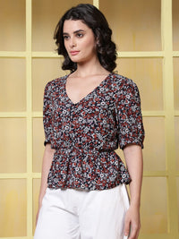 Thumbnail for Women Floral Printed Puff Sleeve Cotton Peplum Top