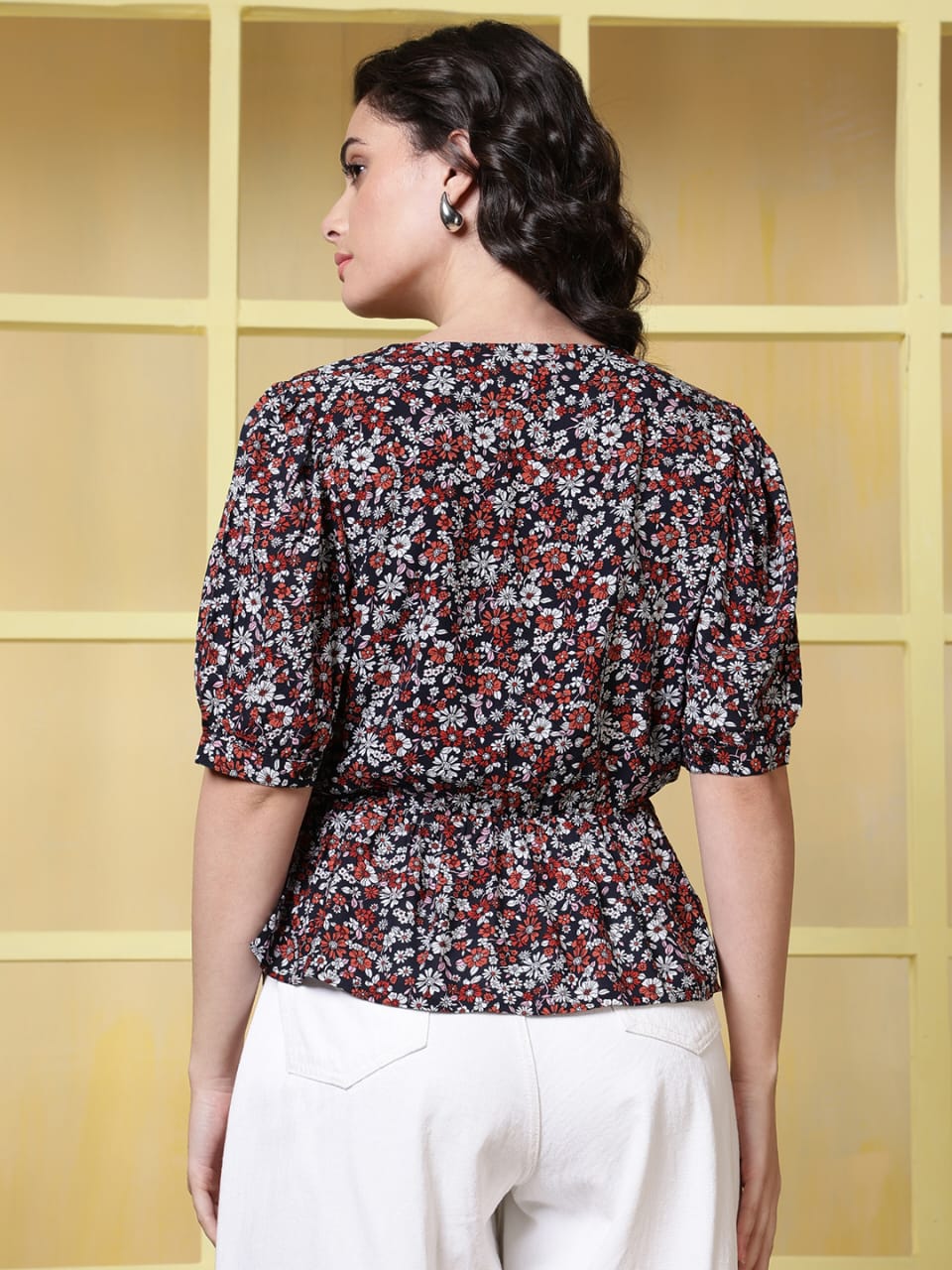 Women Floral Printed Puff Sleeve Cotton Peplum Top