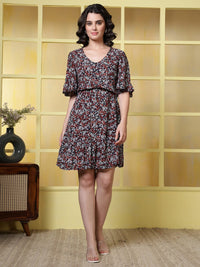 Thumbnail for Women Floral Printed Pure Cotton V-Neck Fit & Flare Dress