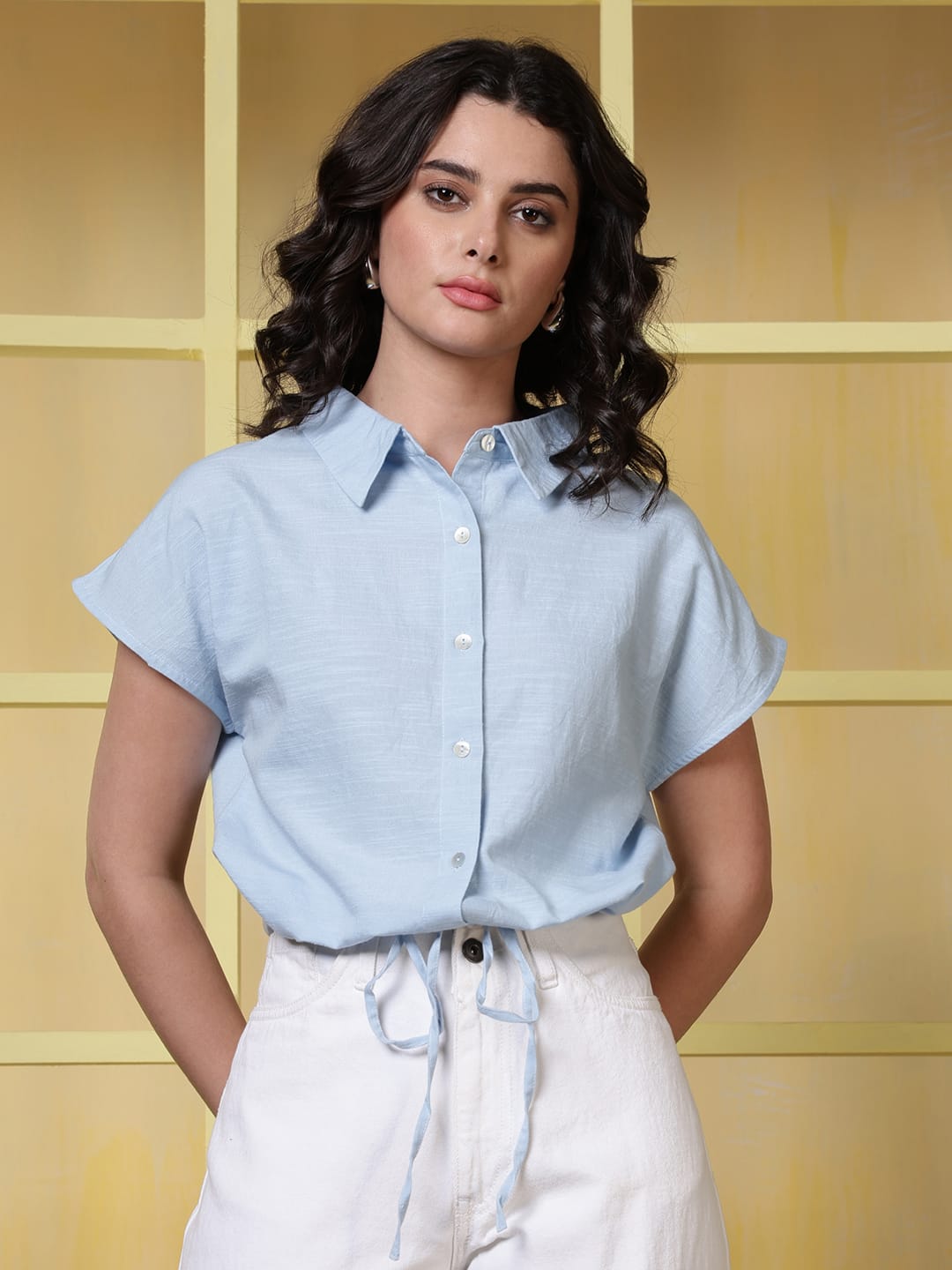 Women Shirt Collar Waist Tie-Ups Raglan Sleeves Shirt Style Top