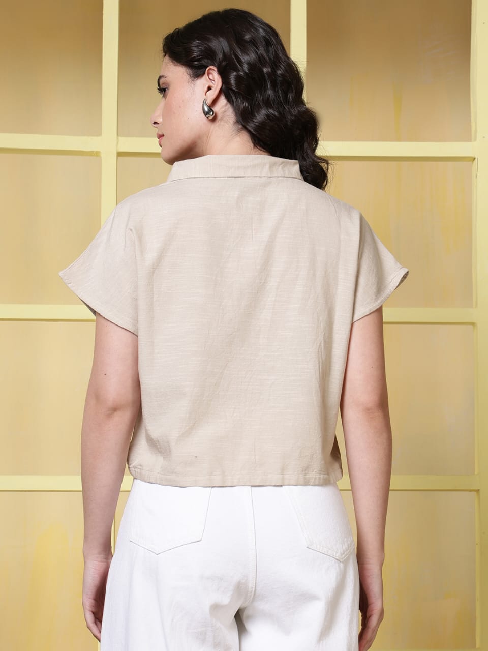 Women Extended Sleeves Waist Tie-Ups Shirt Style Top