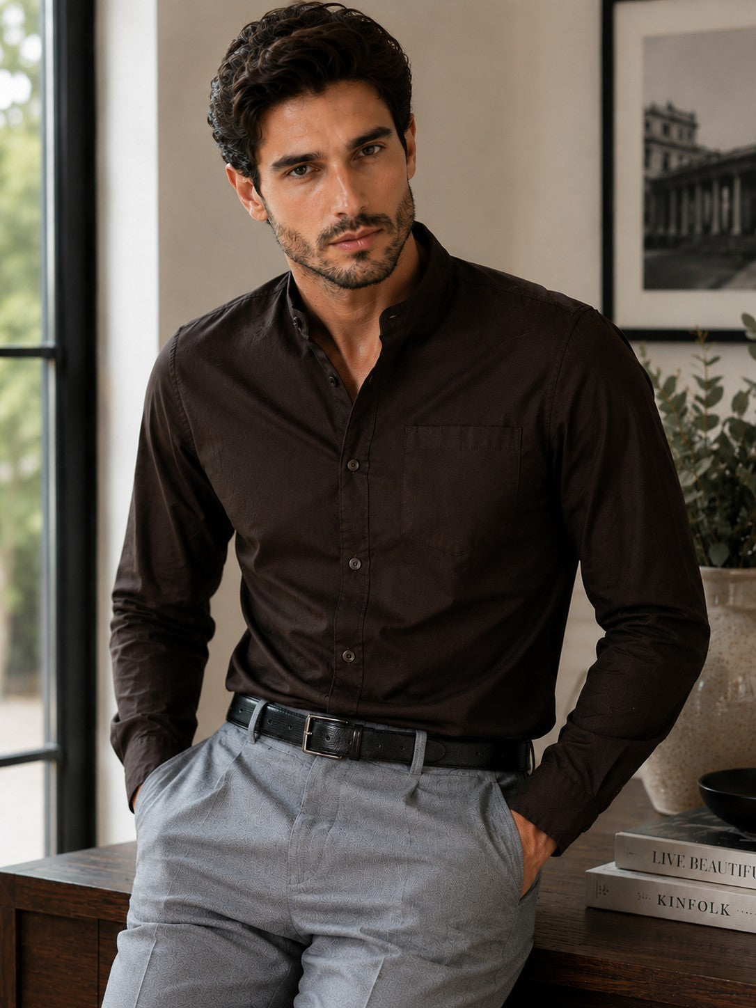Men Brown Solid Cotton Casual Shirt Full Sleeve Regular Fit Everyday Wear