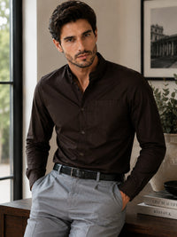Thumbnail for Men Brown Solid Cotton Casual Shirt Full Sleeve Regular Fit Everyday Wear