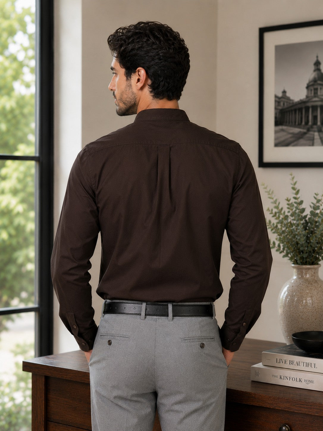 Men Brown Solid Cotton Casual Shirt Full Sleeve Regular Fit Everyday Wear