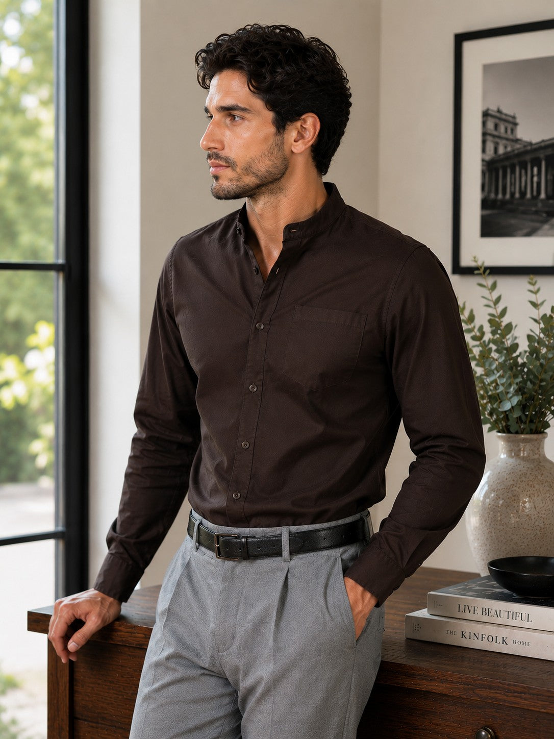 Men Brown Solid Cotton Casual Shirt Full Sleeve Regular Fit Everyday Wear