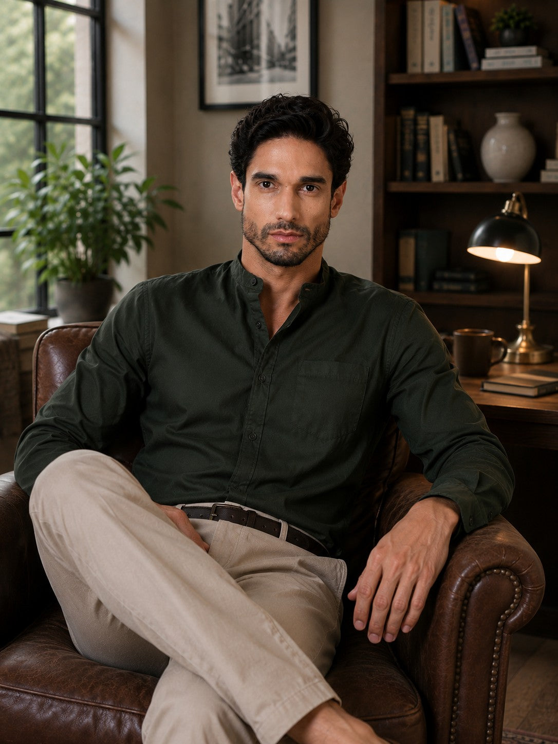 Men Green Cotton Casual Shirt Full Sleeve Regular Fit Everyday Wear
