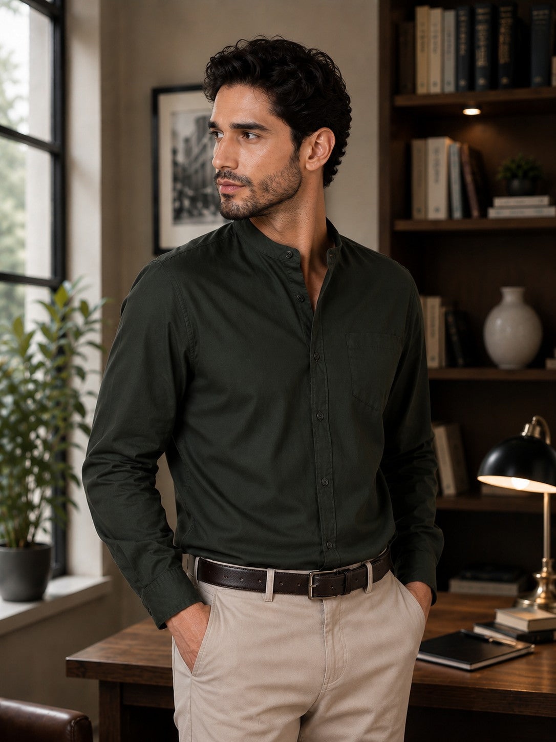 Men Green Cotton Casual Shirt Full Sleeve Regular Fit Everyday Wear