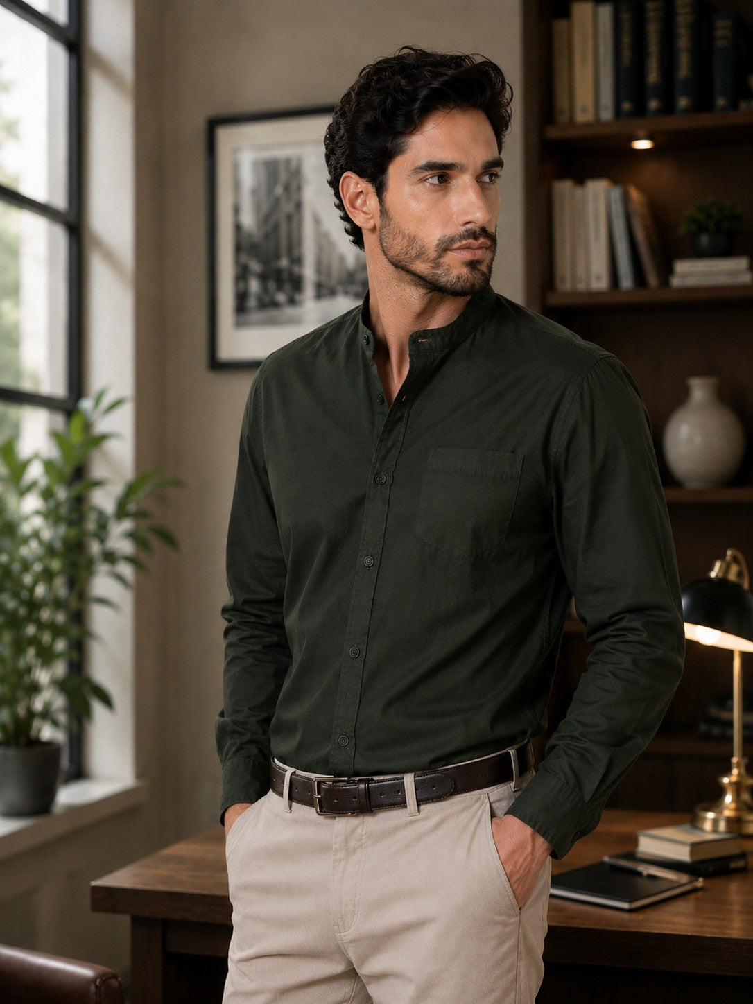 Men Green Cotton Casual Shirt Full Sleeve Regular Fit Everyday Wear