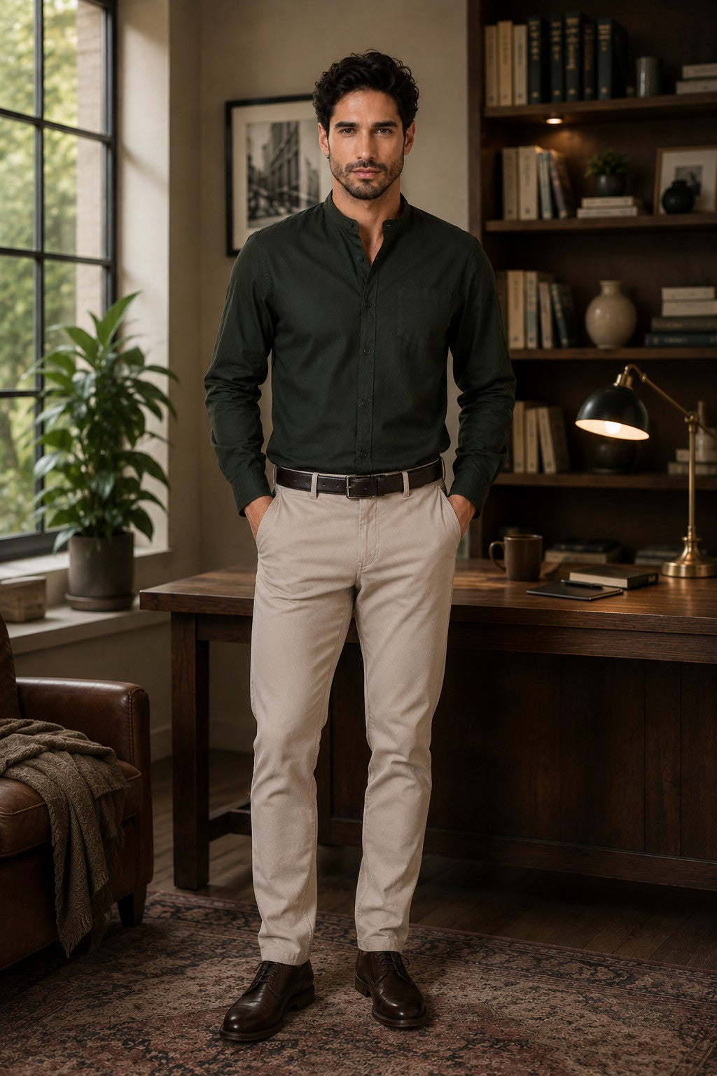 Men Green Cotton Casual Shirt Full Sleeve Regular Fit Everyday Wear