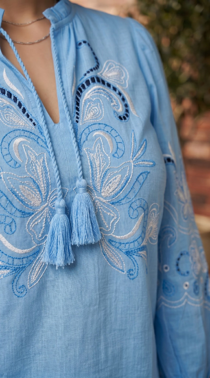 Women Sky Blue Embroidered Mandarin Collar Tassel Tie-Up Cotton Top