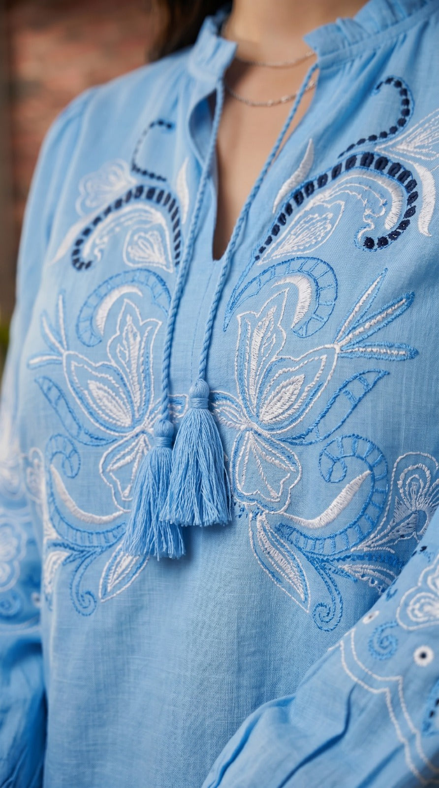 Women Sky Blue Embroidered Mandarin Collar Tassel Tie-Up Cotton Top