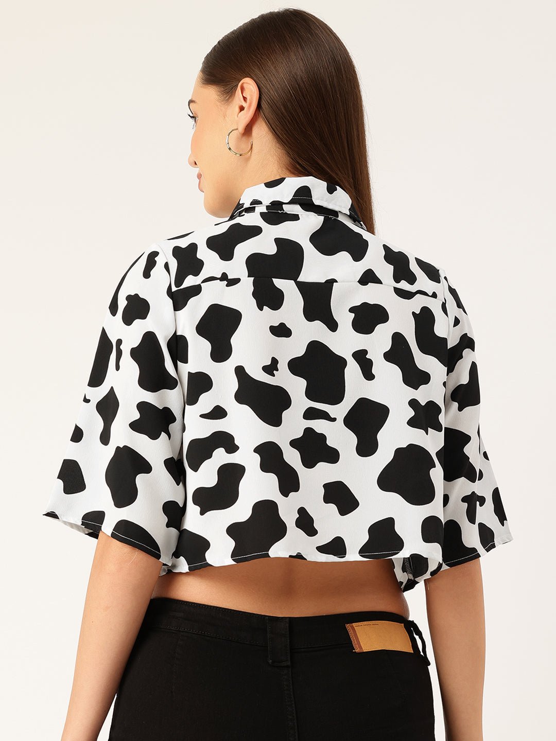 Animal Print Flared Sleeves Shirt Style Crop Top - RueCollections